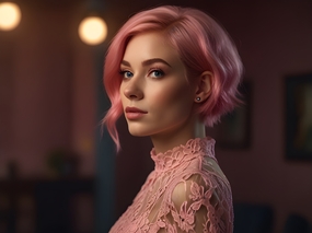 粉色蕾丝上衣美女短发染发发型图片